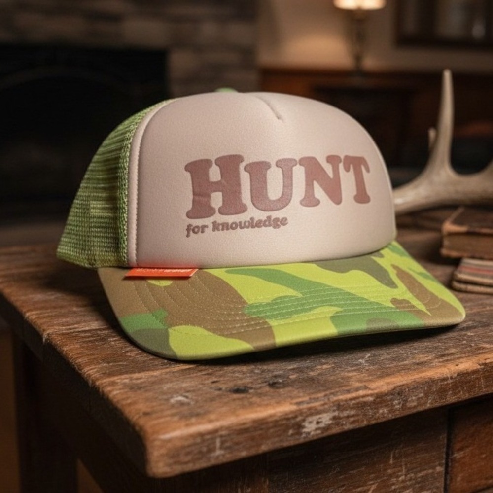 Hunt For Knowledge Camo Trucker Hat Mesh Snapback Green Tan Foam Graphic Cap‎